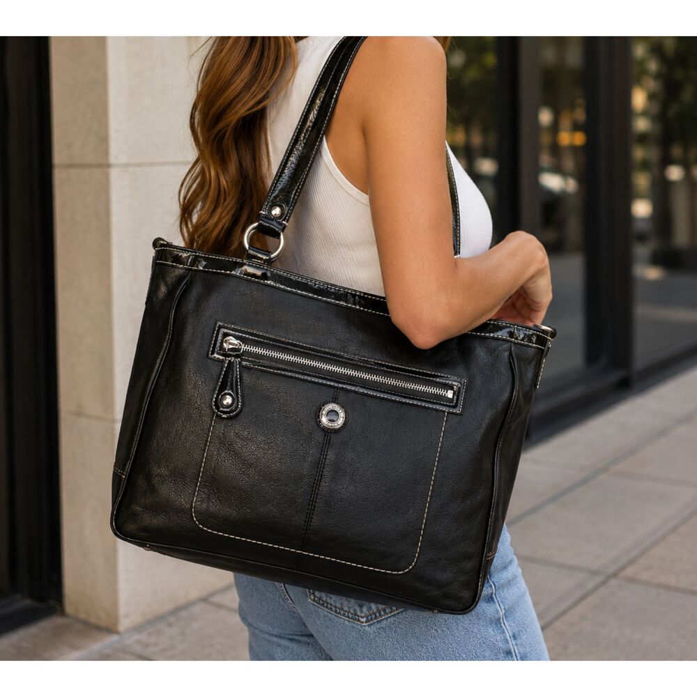 Coach Black Leather Tote Tiffany Blue Lining Y2K Bag F14887